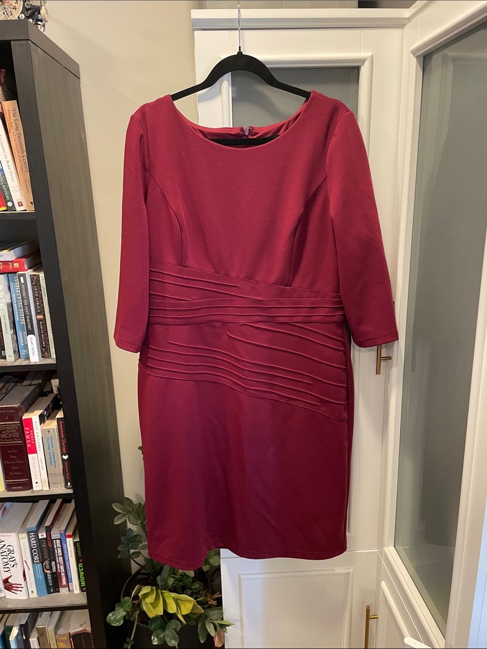 Ellen Tracy Burgundy Long-Sleeve Pleated Waist Sheath Dress